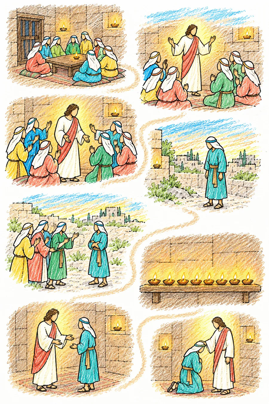 Hand-drawn doodle map of a winding path: a shut wooden door, the risen Jesus with a soft warm glow among His disciples, open hands, a breath of wind, an empty stool where Thomas should have been, a calendar marked eight, a reaching finger, Thomas kneeling, and an open scroll.