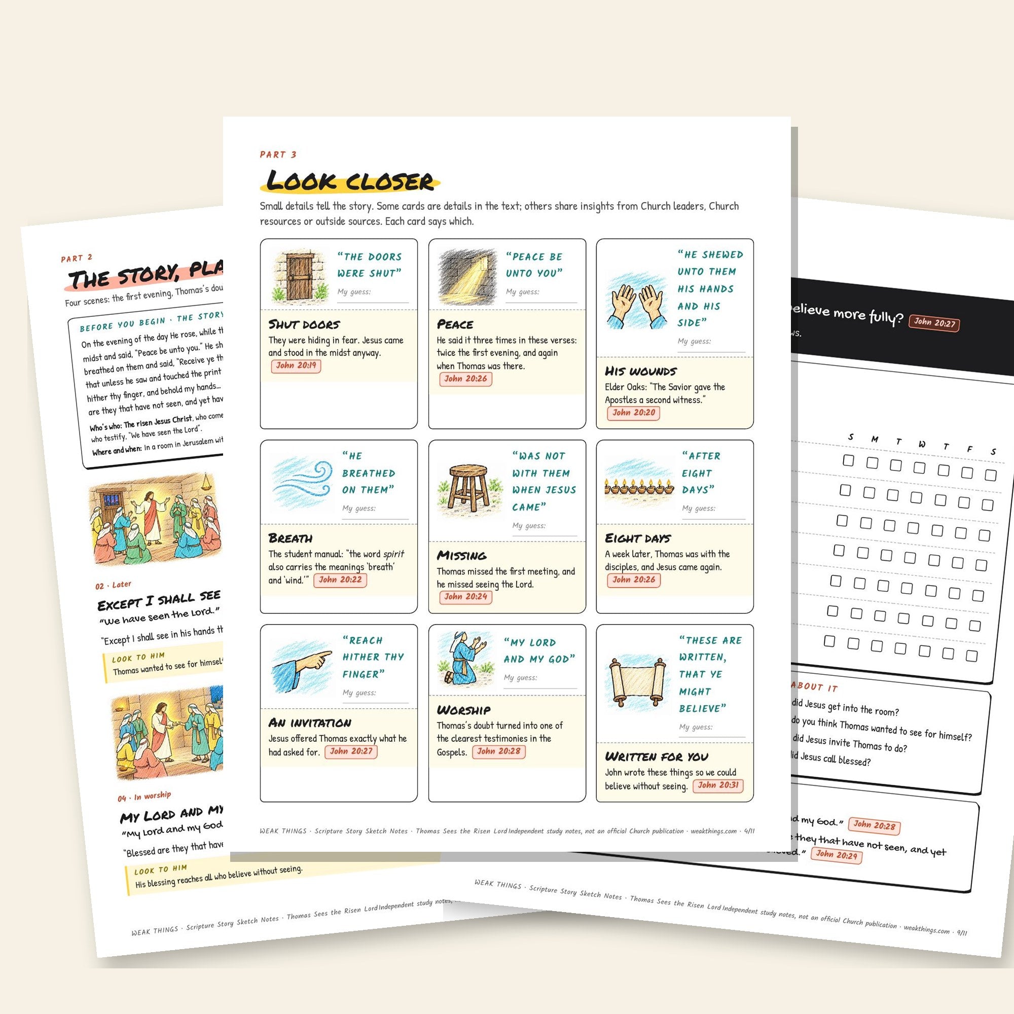 Inside pages of the Thomas Sees the Risen Lord printable sketch notes