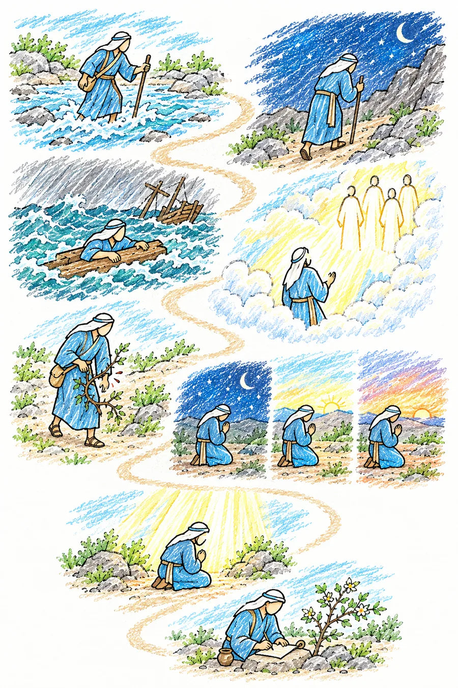 Hand-drawn doodle map: a man in blue crossing a rushing river, walking a night road, clinging to a plank after a shipwreck, caught up in a bright vision among the clouds, walking with a thorny branch caught on his robe, kneeling in prayer at night, morning and evening, kneeling in warm light, and writing peacefully beside a thorny branch putting out flowers.