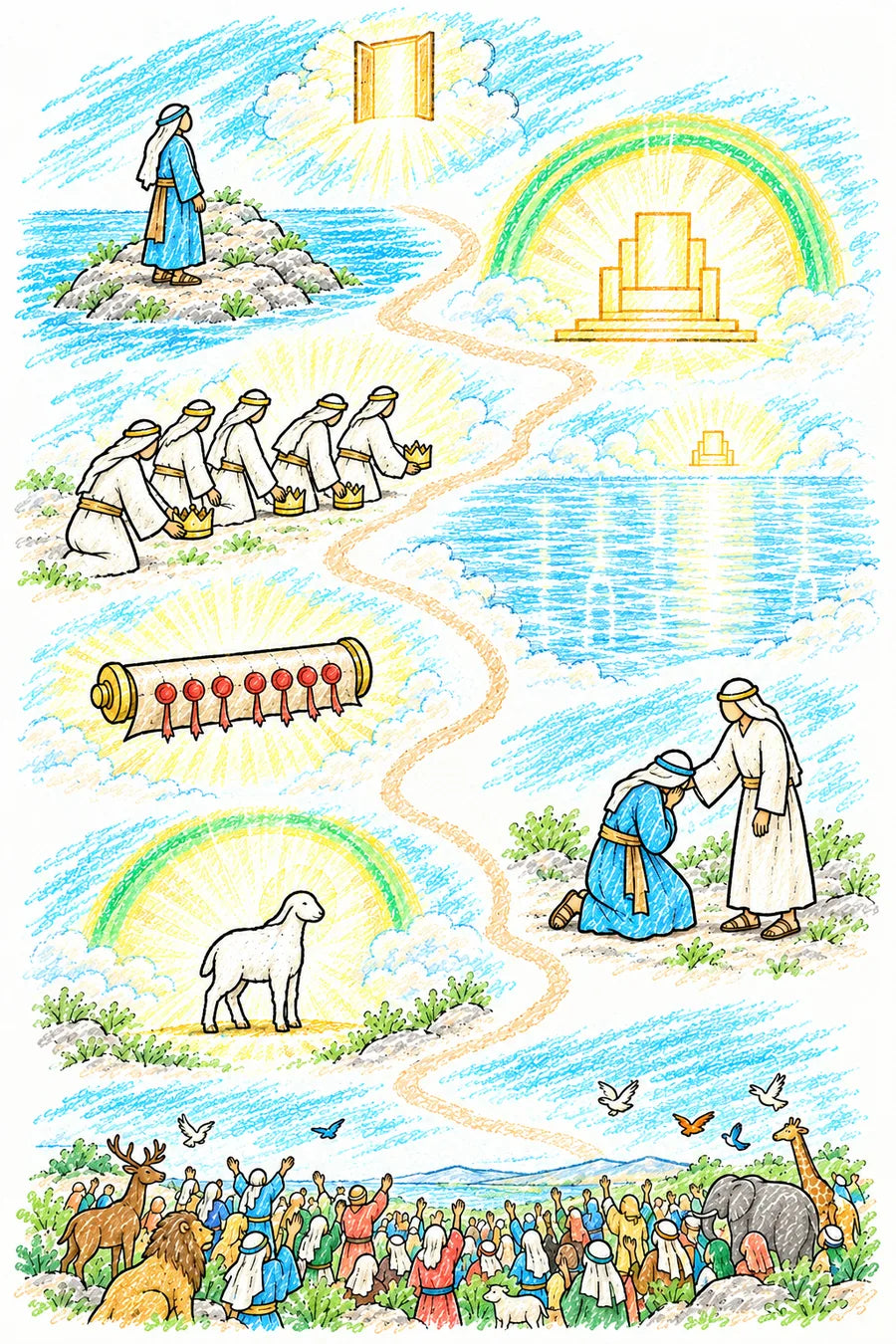 Hand-drawn doodle map of a winding path through the clouds: John on a rocky island looking up at an open door in the sky, a throne of white and gold light with an emerald rainbow, elders in white laying down gold crowns, a shining sea of glass, a scroll with seven red seals, John weeping as an elder comforts him, a white lamb in glorious light, and a great crowd of people, animals and birds praising together.
