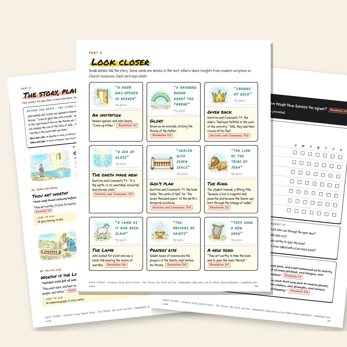 Three inside pages: the story, the detail cards and the seven-day tracker