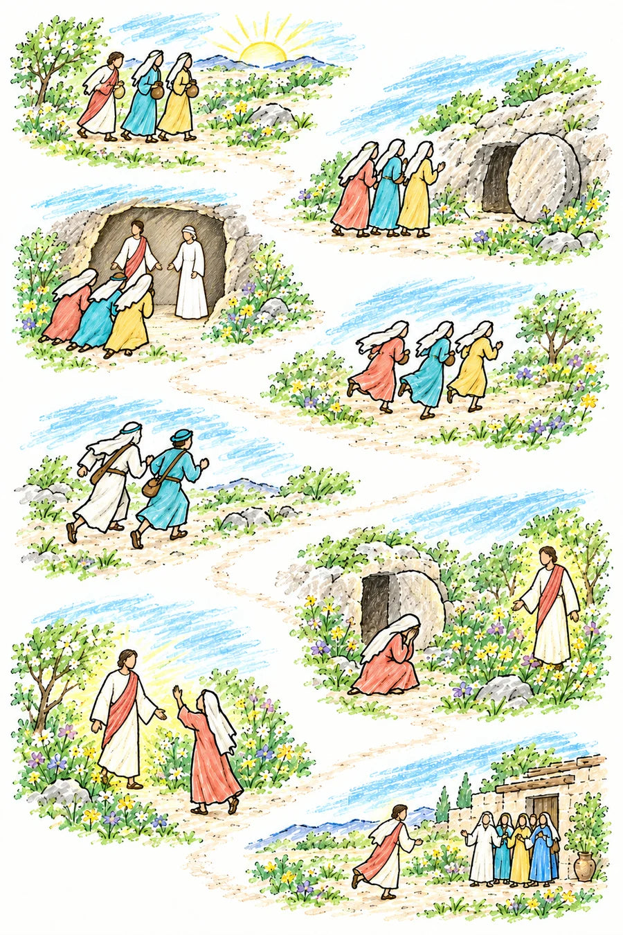 Hand-drawn doodle map of the first Easter morning: faceless women carrying spices along a garden path at sunrise; the women finding the great round stone rolled away from the tomb; two angels in shining white inside the tomb speaking to the women; the women running with joy; Peter and John running together to the tomb and finding folded linen; Mary weeping by the tomb as a figure stands nearby; the risen Savior, shown only as warm glowing light, facing Mary in the garden as she turns to Him; and Mary running to tell the disciples.