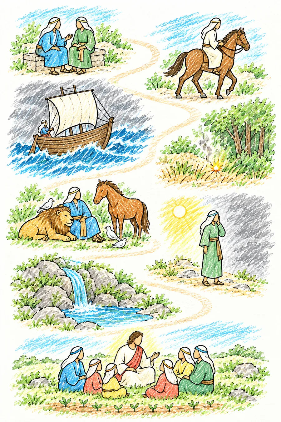 Hand-drawn doodle map of a winding path: two friends talking kindly on a bench, a rider guiding a horse with a bridle, a sailing ship on rough water, a tiny spark smoking in dry grass, a calm lion and horse with a tamer, a person with sunshine on one side and a gray cloud on the other, a spring of clear water, and Jesus teaching children and adults in a field of sprouting seeds.