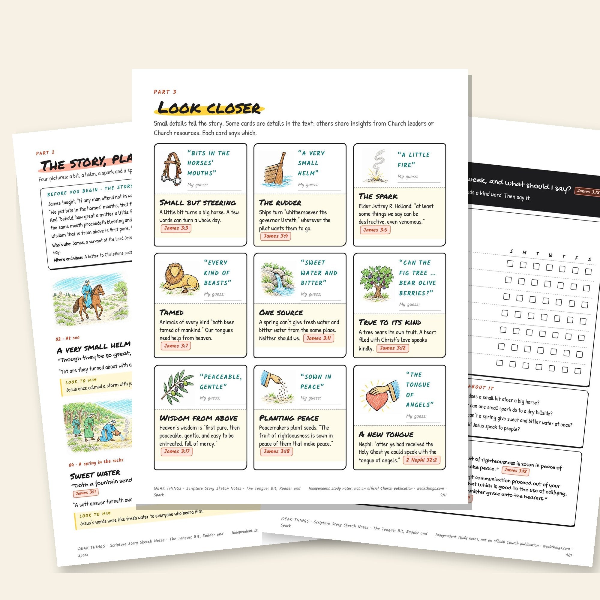 Inside pages of the The Tongue: Bit, Rudder and Spark printable sketch notes