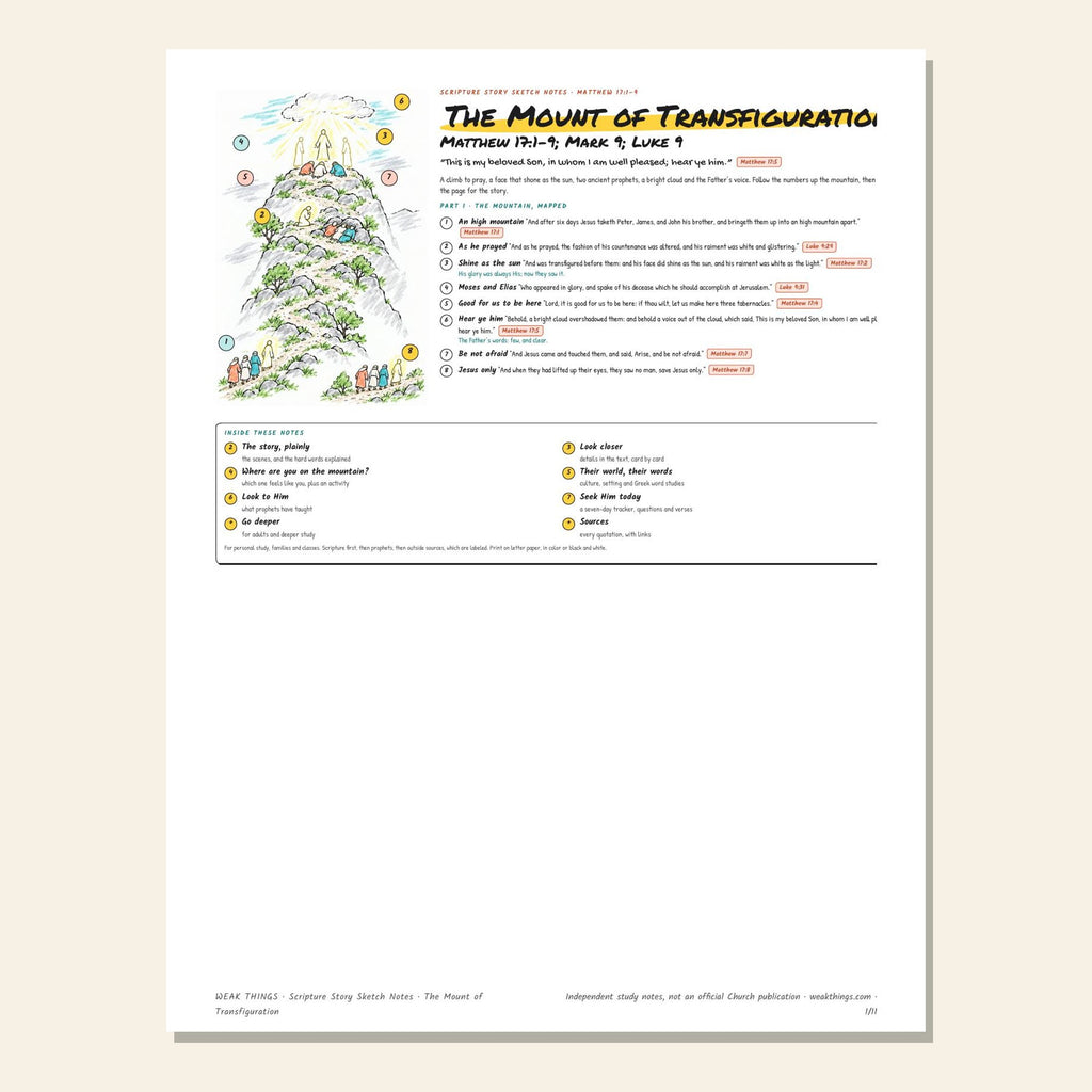 The Mount of Transfiguration sketch notes cover with a hand-drawn map of a high mountain and a shining summit