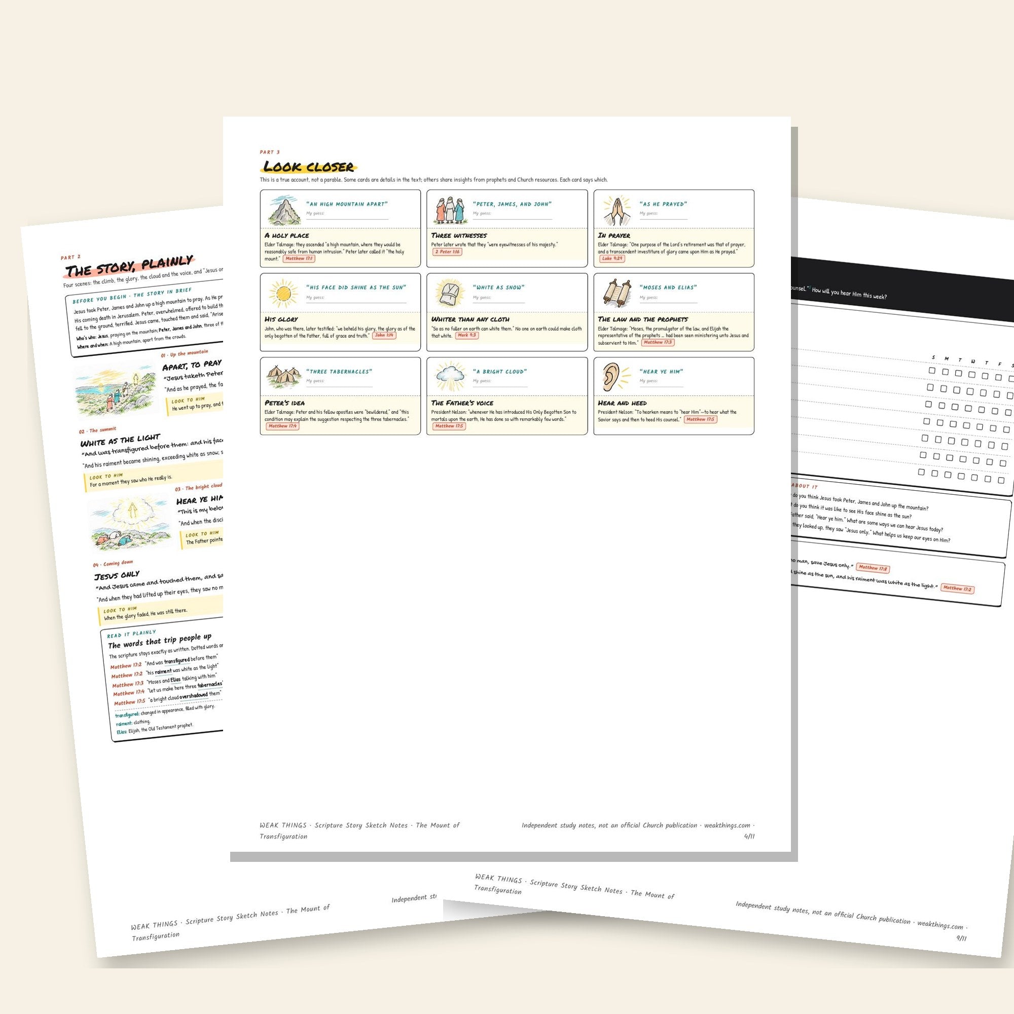 Inside pages of the The Mount of Transfiguration printable sketch notes