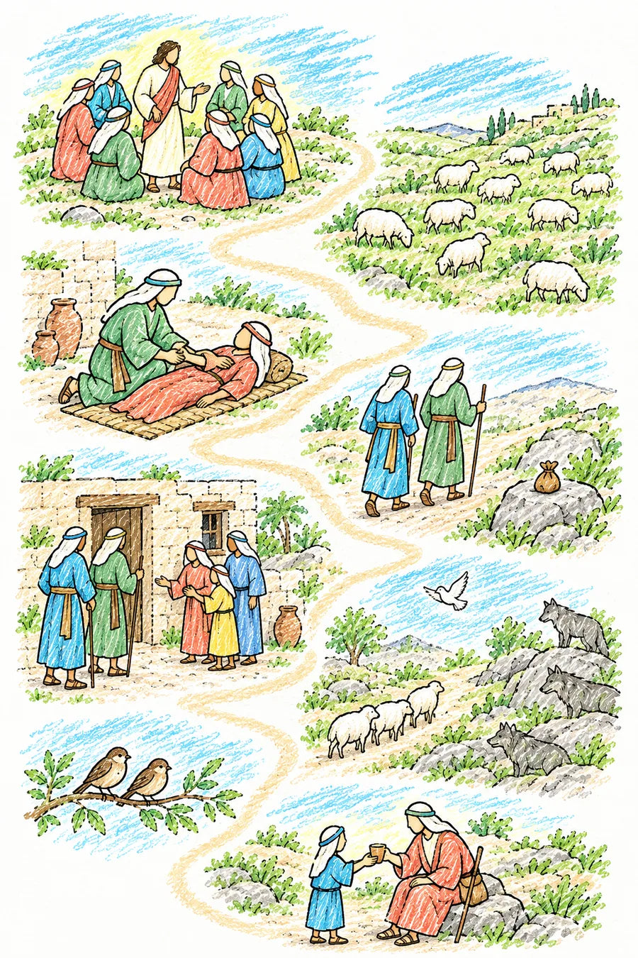 Hand-drawn doodle map of a winding path: Jesus with a circle of disciples on a hillside, sheep scattered on green hills, a disciple kneeling beside a sick person on a mat, two disciples setting off with staffs while an empty money pouch sits on a rock, a family greeting two disciples at a doorway, sheep walking past watching wolves with a dove above, two sparrows on a branch, and a child handing a cup of water to a disciple.
