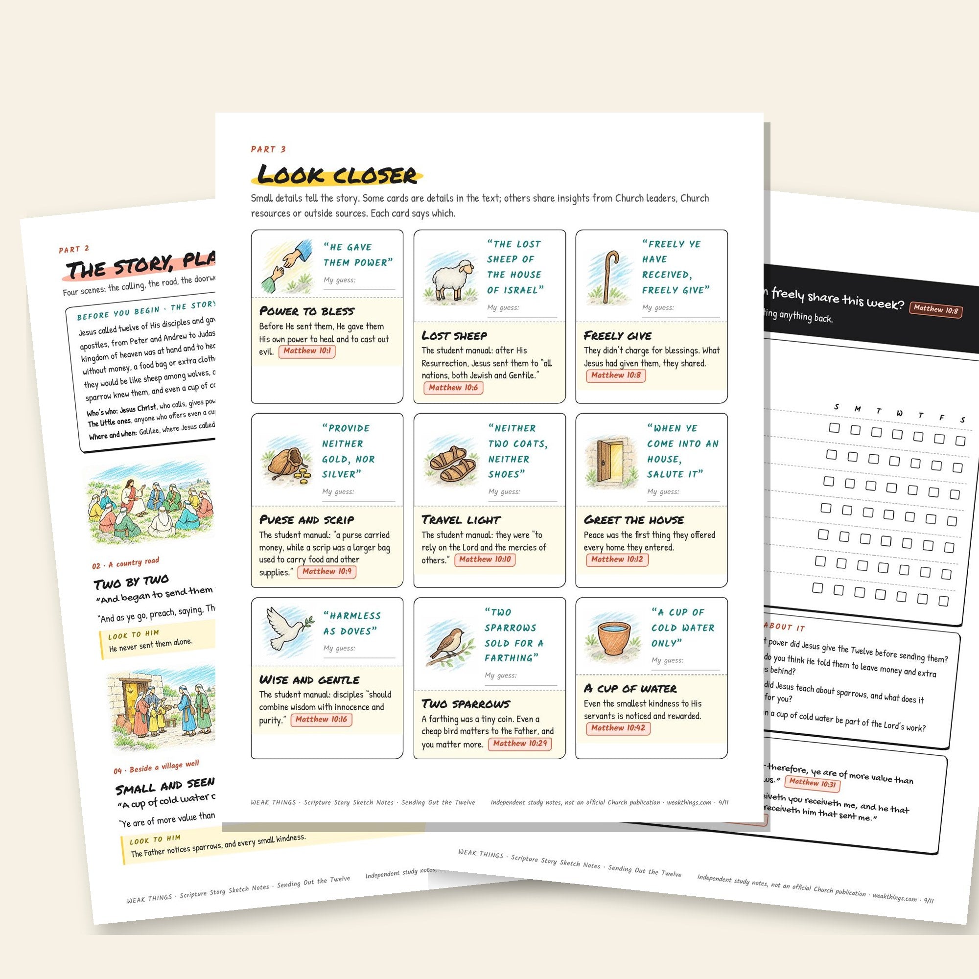 Inside pages of the Sending Out the Twelve printable sketch notes