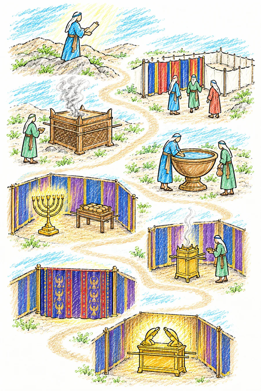 Hand-drawn doodle map of the tabernacle from above: Moses on a mountain receiving a plan, the courtyard gate with colorful hangings, a bronze altar with smoke, a bronze basin of water, the golden lampstand and table of loaves, a small golden incense altar, a heavy embroidered veil with light behind it, and the golden ark of the covenant bathed in warm light.