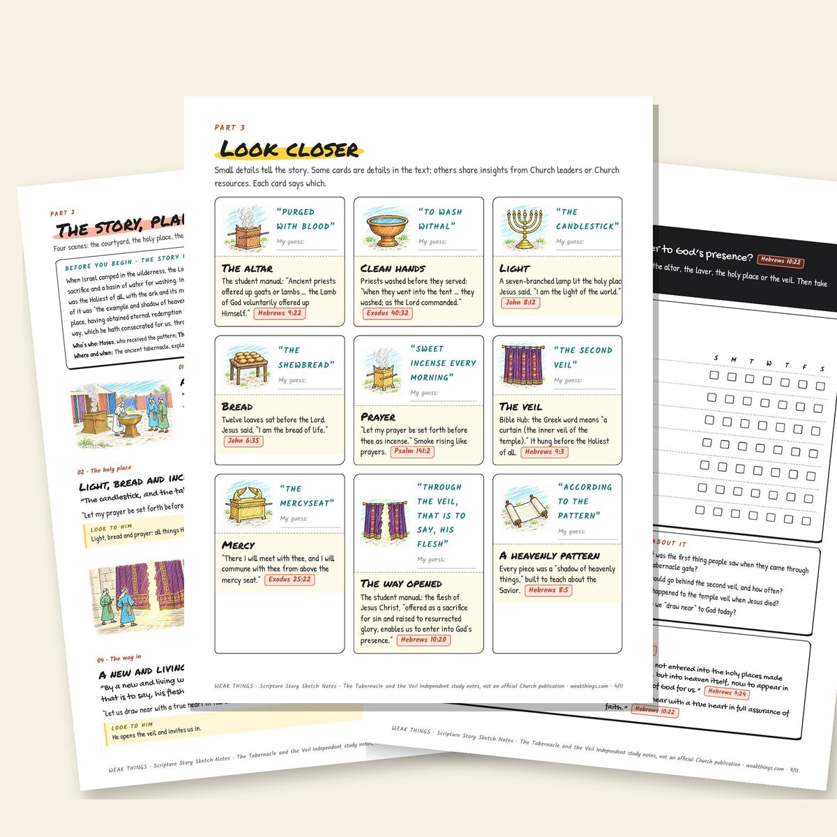 Three inside pages: the story, the detail cards and the seven-day tracker