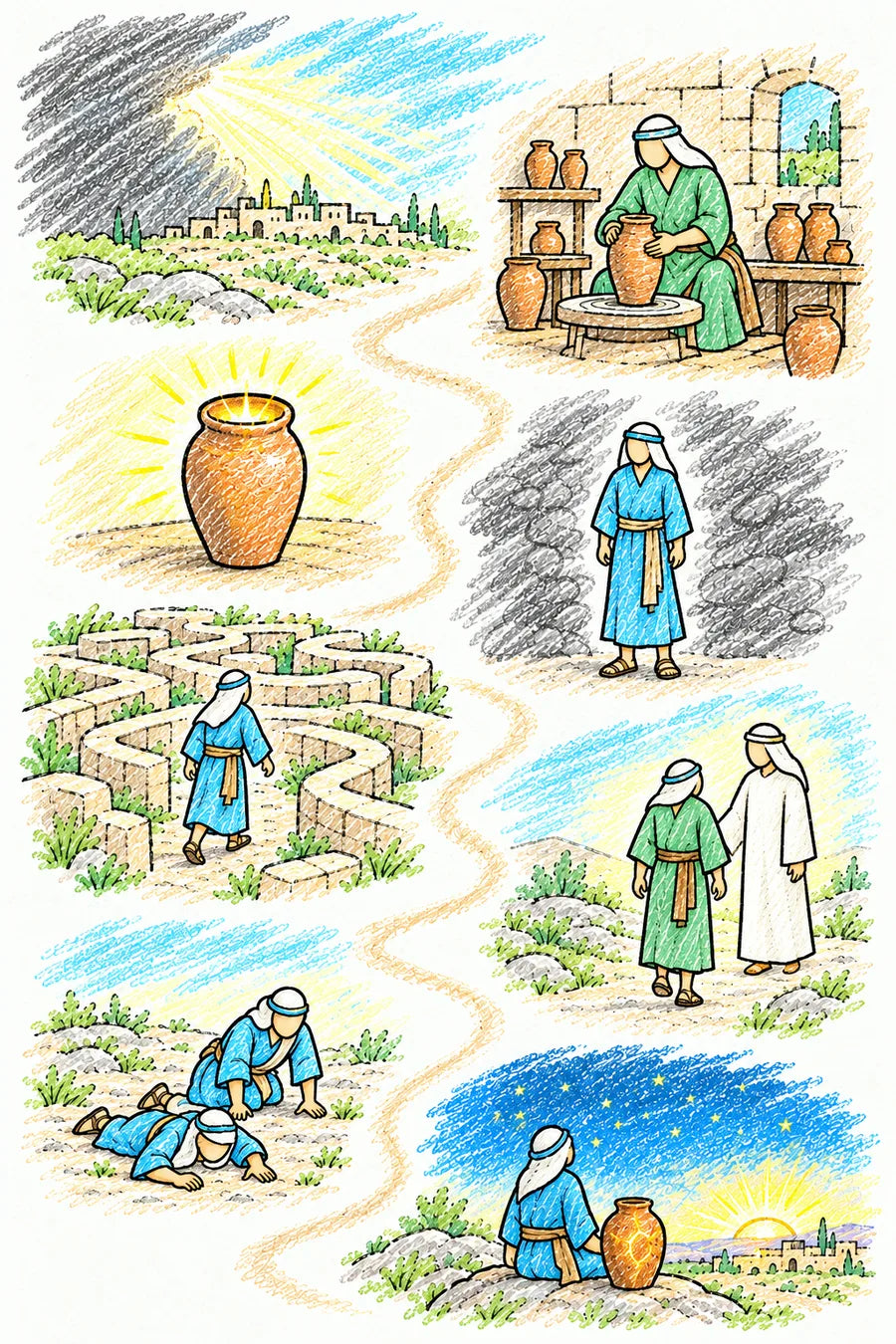 Hand-drawn doodle map: light breaking out of a dark sky, a potter shaping a clay jar, a plain jar glowing with treasure, a person standing amid gray scribbles, a person in a maze, a person walking with a gentle companion, a person knocked down and getting up, and a person watching the stars and sunrise beside a jar shining through its cracks.
