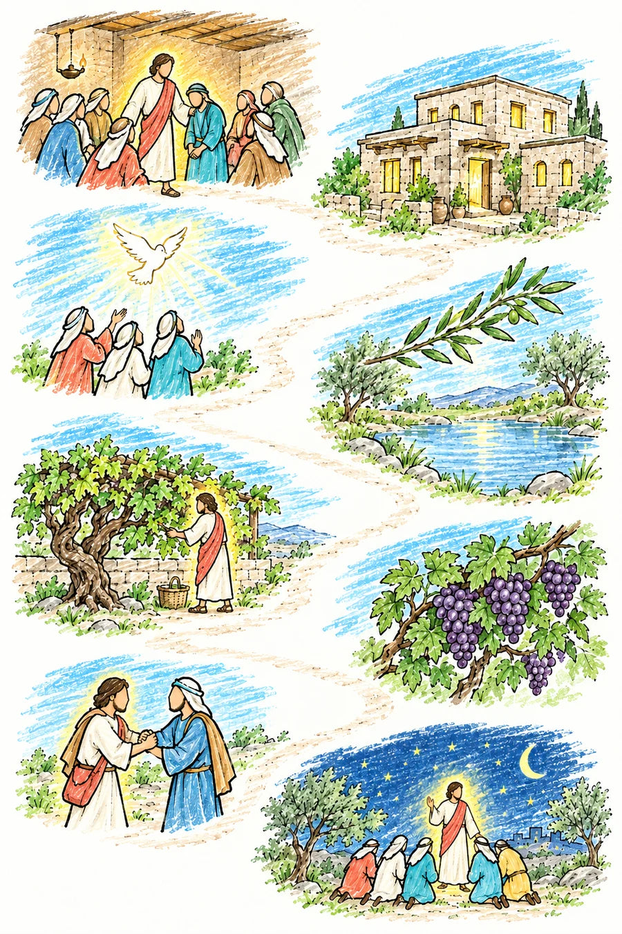 Hand-drawn doodle map of the Savior’s last teachings: the Savior shown only as glowing light comforting the Apostles in an upper room, a road leading to a house with many rooms, a soft dove for the promised Comforter, an olive branch for peace, a great grapevine with branches heavy with fruit, the vinegrower pruning a branch, two hands clasped in friendship, and the light praying under the stars with eyes lifted to heaven.