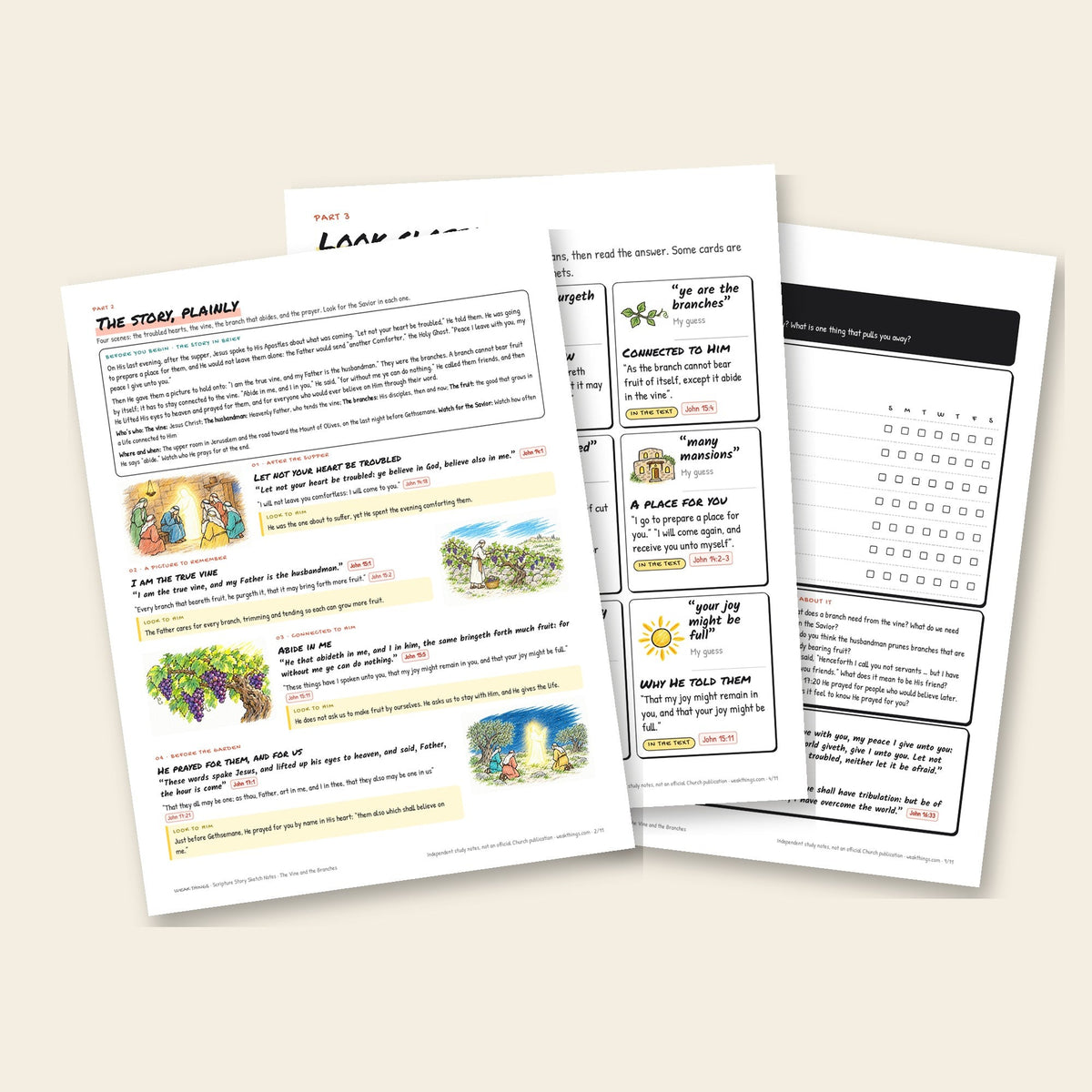 Three inside pages: the story, the detail cards and the seven-day tracker