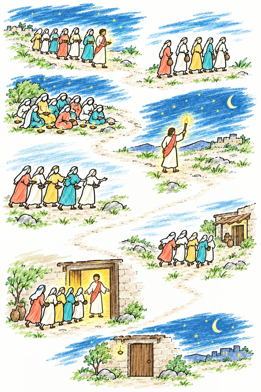 Hand-drawn doodle map of the parable at night: ten young women with lamps setting out, five carrying flasks of oil, all sleeping as they wait, a messenger crying at midnight, five with dark lamps asking for oil, the five going to buy, a lit doorway where the ready go in, and a shut door under the stars.
