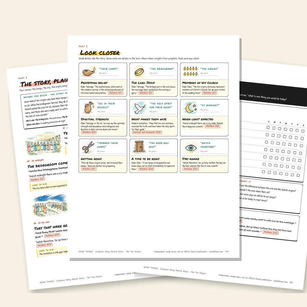 Three inside pages: the story, the detail cards and the seven-day tracker