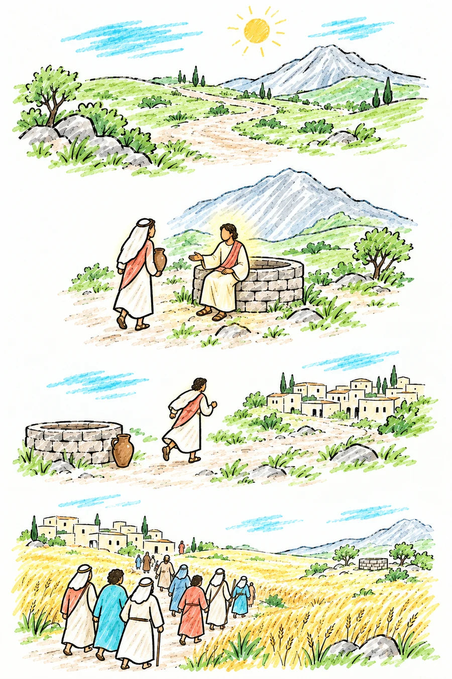 Hand-drawn doodle map: a road through green hills under a noon sun toward a mountain; a figure of soft light seen from behind sitting on a stone well as a woman carrying a jar approaches; the woman running toward a town with her jar left by the well; and townspeople walking through golden wheat fields toward the well.