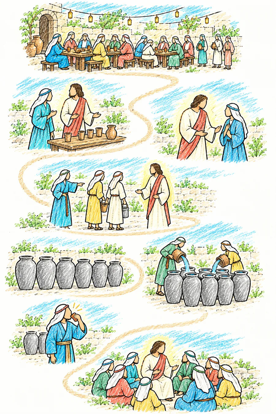 Hand-drawn doodle map of a winding path: a wedding feast under lanterns, Mary telling Jesus the wine is gone, Jesus answering His mother, Mary speaking to the servants, six gray stone jars, servants pouring water to the brim, the ruler of the feast tasting in surprise, and disciples gathered around Jesus.