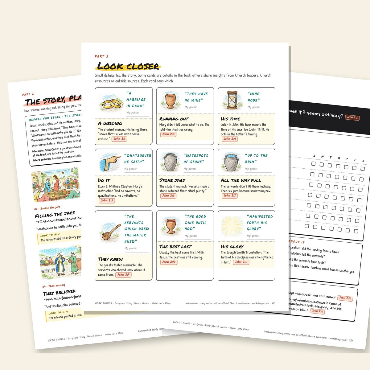 Three inside pages: the story, the detail cards and the seven-day tracker