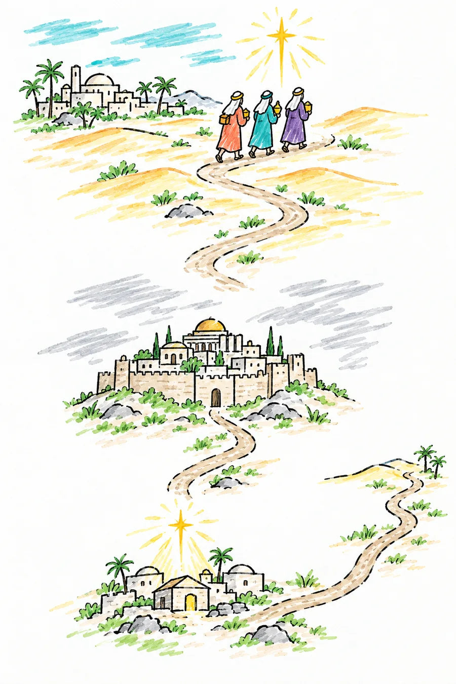 Hand-drawn doodle map of the wise men’s journey: travelers under a bright star in the east, a road to the walled city of Jerusalem under gray clouds, a road south to a small house in Bethlehem under the star, and a second road leading home another way.