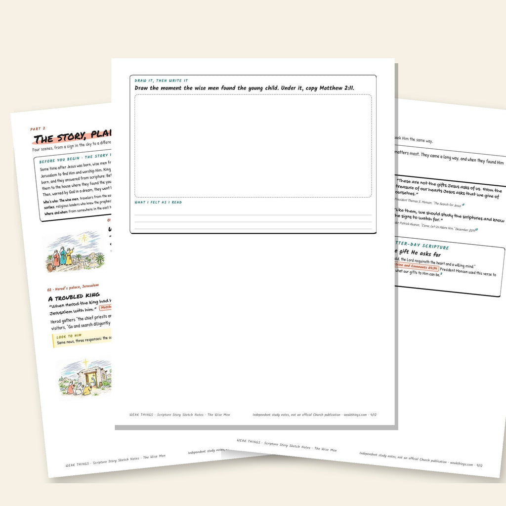 Three inside pages: the story, the detail cards and the seven-day tracker