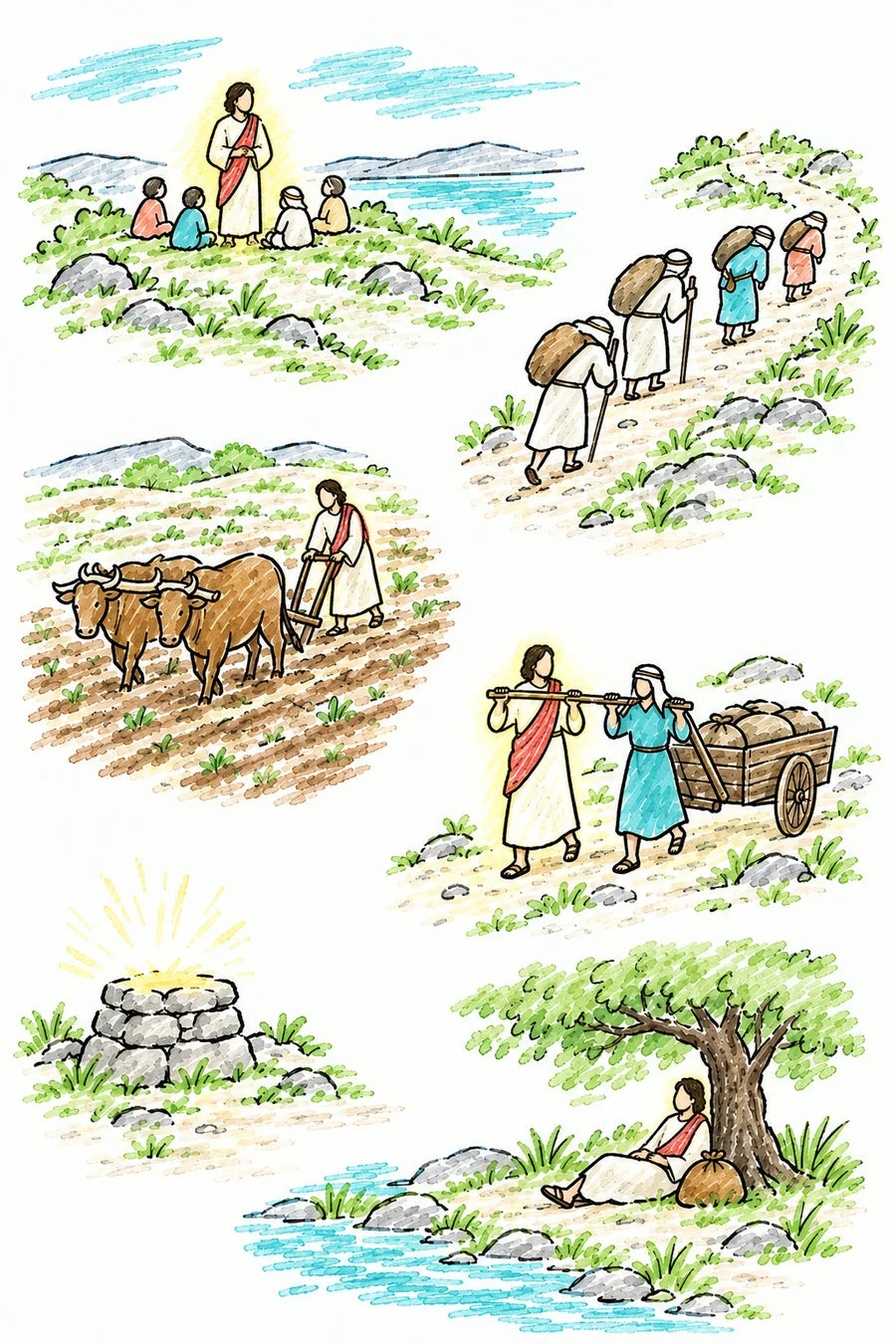 Hand-drawn doodle map: a figure of soft light praying on a hillside with children, weary travelers with heavy sacks on a road, two oxen sharing a wooden yoke in a field, a person and the figure of light pulling a cart together under one yoke, and at the bottom a person resting under a shade tree.