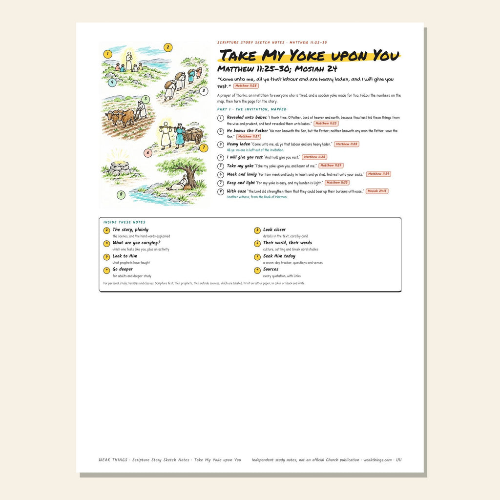 Take My Yoke upon You sketch notes cover with a hand-drawn map of a path, oxen under a yoke and a resting place