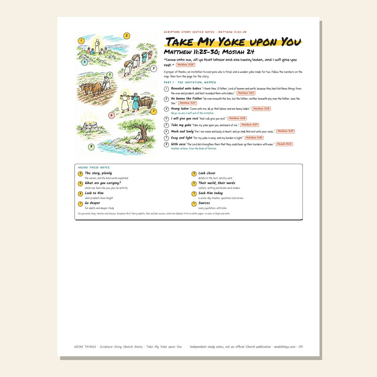 Take My Yoke upon You sketch notes cover with a hand-drawn map of a path, oxen under a yoke and a resting place