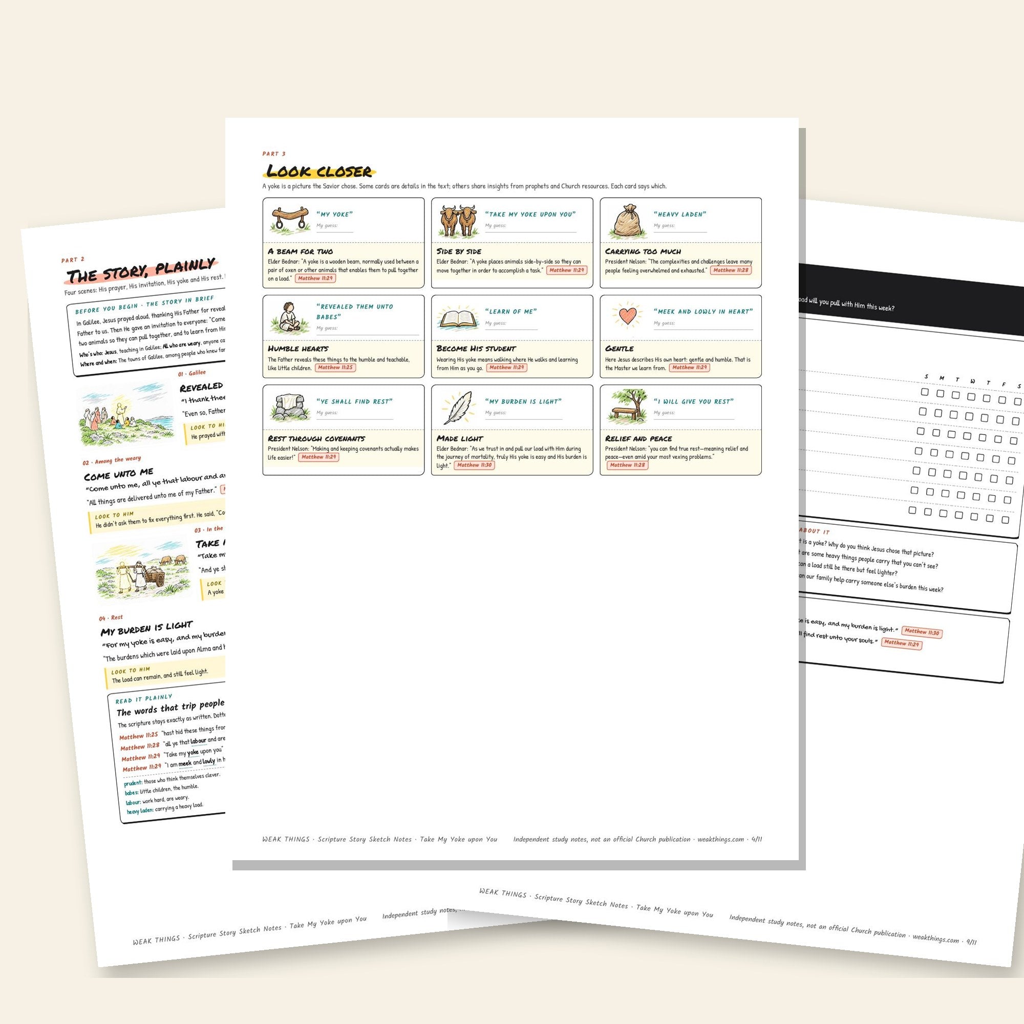 Inside pages of the Take My Yoke upon You printable sketch notes