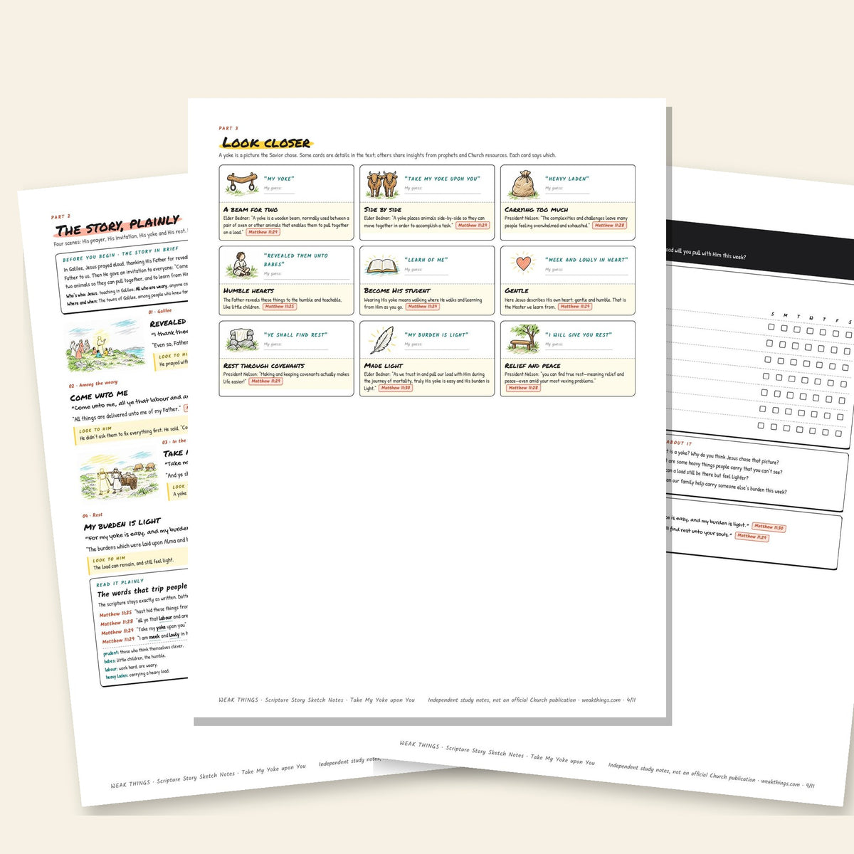 Three inside pages: the story, the detail cards and the seven-day tracker