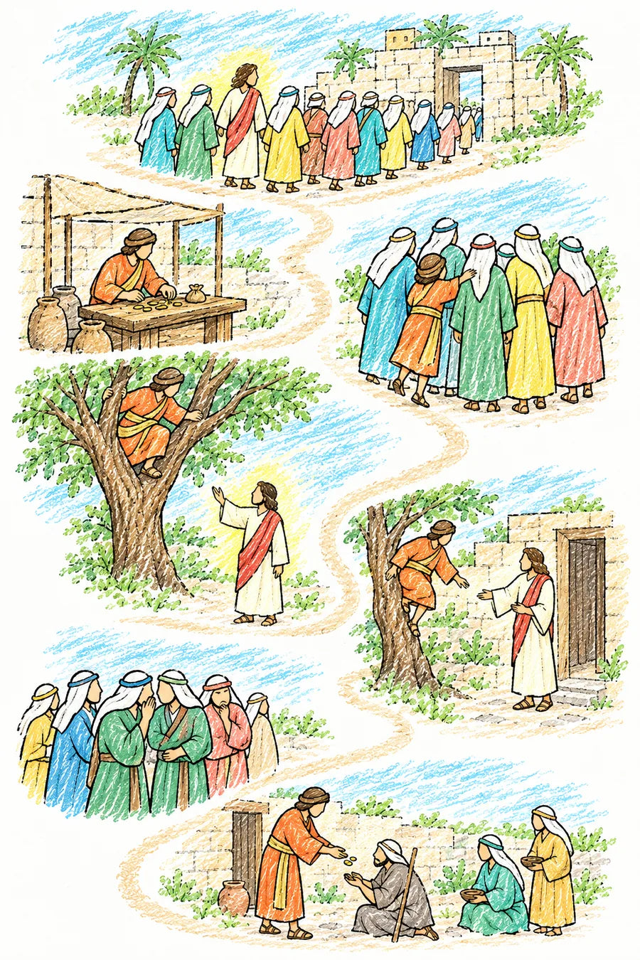 Hand-drawn doodle map of a winding path through Jericho: palm trees and the city gate, a tax table with coins, a short man on tiptoe behind a crowd, the man climbing a broad sycamore tree, Jesus looking up and calling him, the man opening his door to Jesus while people whisper, coins split in half and four stacks, and a lantern shining in the house.