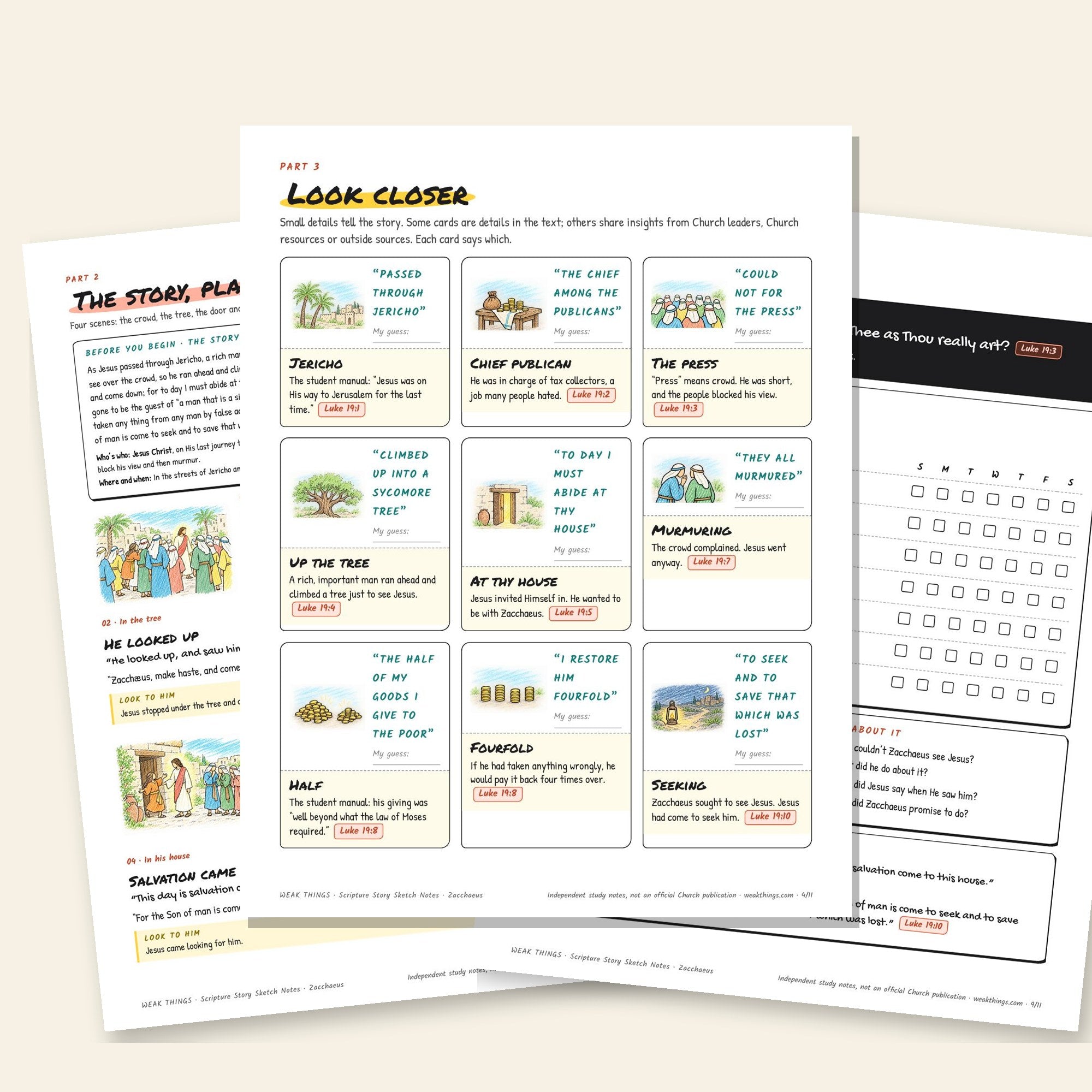 Inside pages of the Zacchaeus printable sketch notes