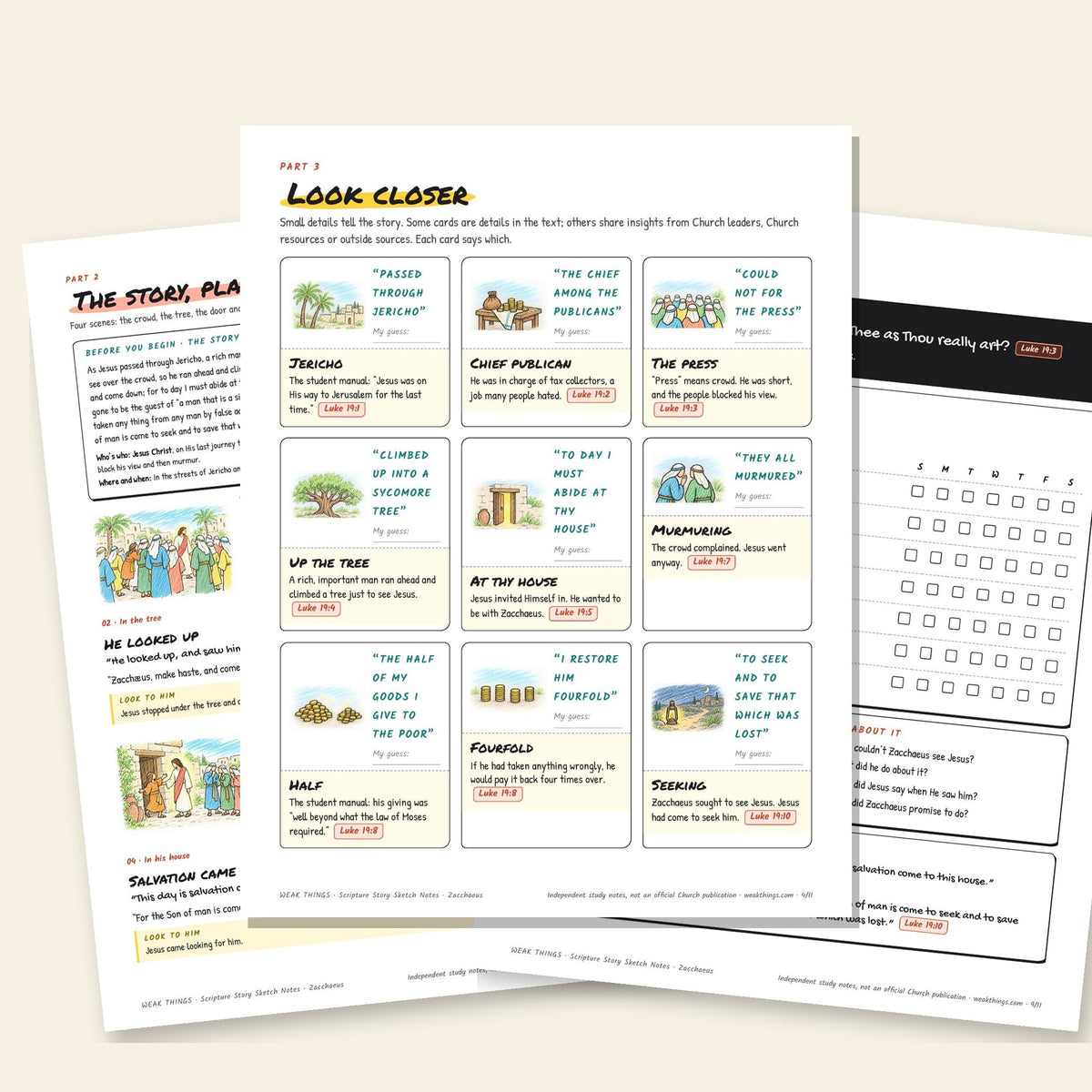 Three inside pages: the story, the detail cards and the seven-day tracker