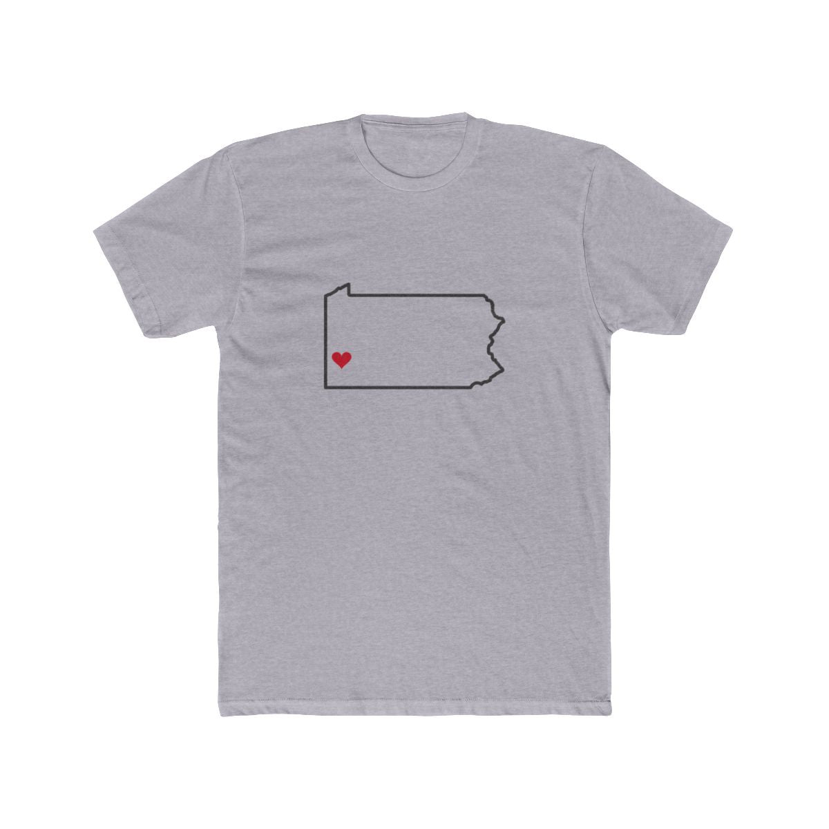 Pennsylvania Pittsburgh Mission Heart Map shirt in Heather Grey: Pennsylvania outline with a red heart, front view