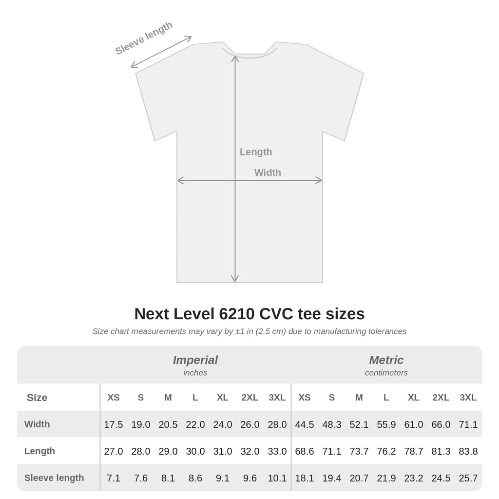 Size chart for the Press Forward shirt (Next Level 6210, XS–3XL)