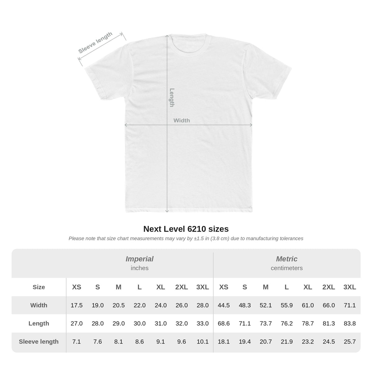 Size chart for the Press Forward Shirt (Next Level 6210)