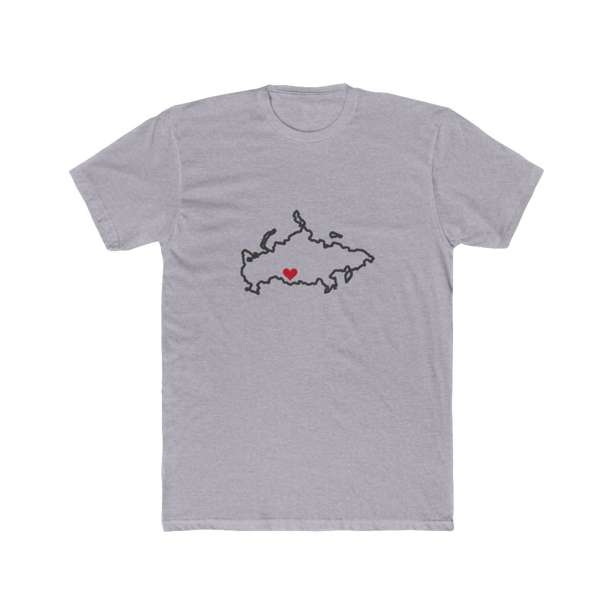 Russia Novosibirsk Mission Heart Map shirt in Heather Grey: Russia outline with a red heart, front view