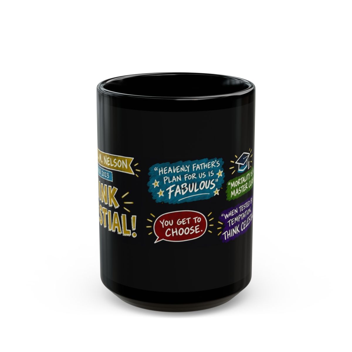 Think Celestial! Sketch Note Black Mug — Russell M. Nelson