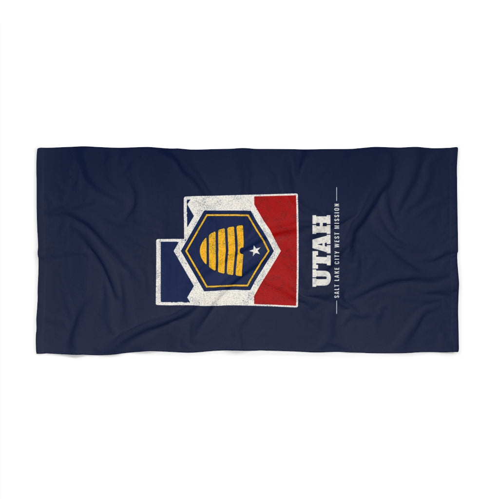 Utah Salt Lake City West Mission flag map beach towel by Weak Things view 2