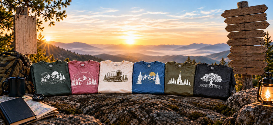 Six colorful custom group t-shirts laid out on a rock overlooking mountains at sunrise.