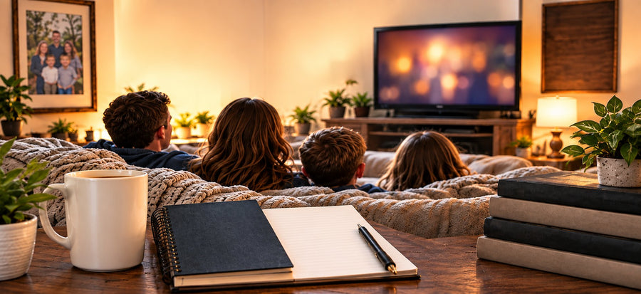 Family on a cozy couch watching General Conference with a notebook and mug on the coffee table.