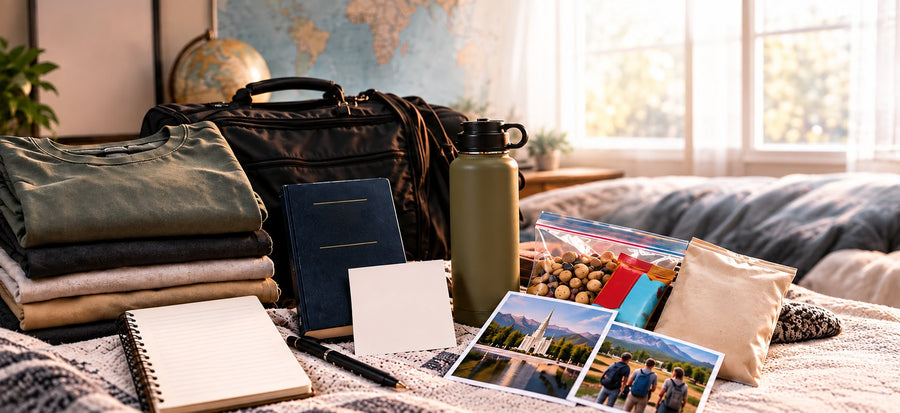 Missionary gift flat-lay with folded shirts, a travel bag, water bottle, scriptures, snacks, and photos.
