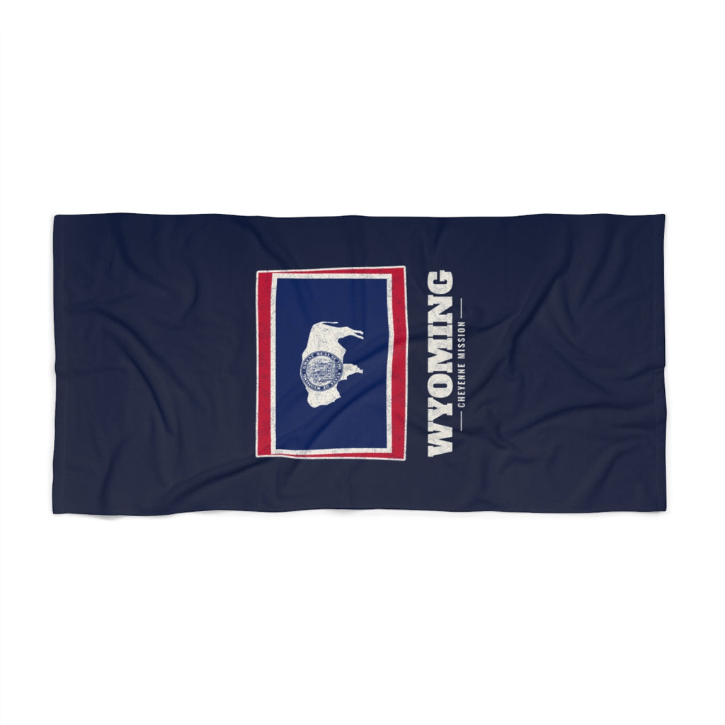 Wyoming Cheyenne Mission flag map beach towel by Weak Things view 2