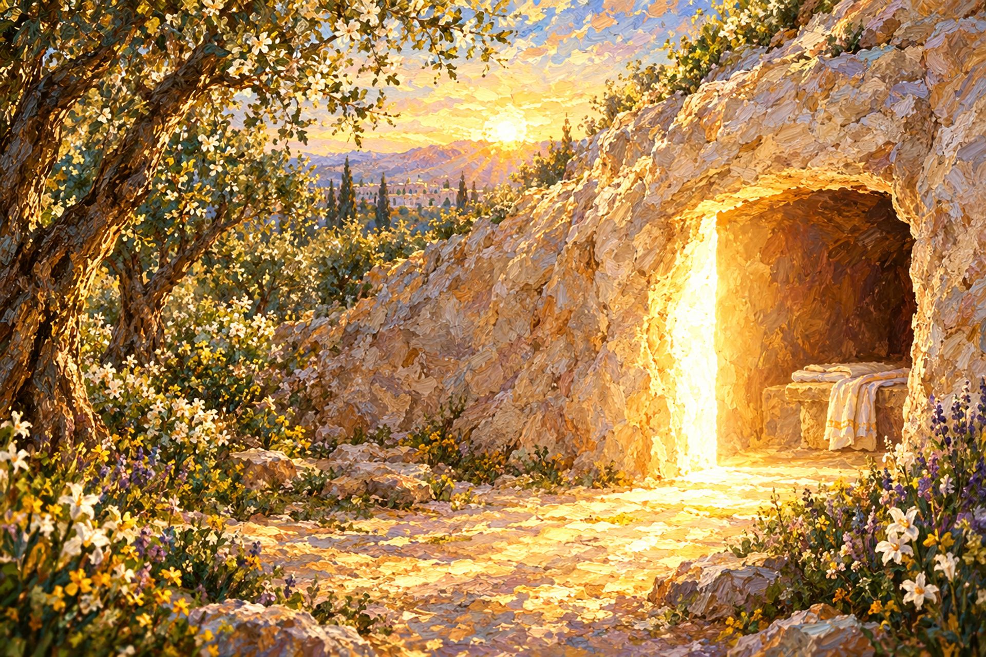 The garden tomb, empty, with light pouring out at dawn