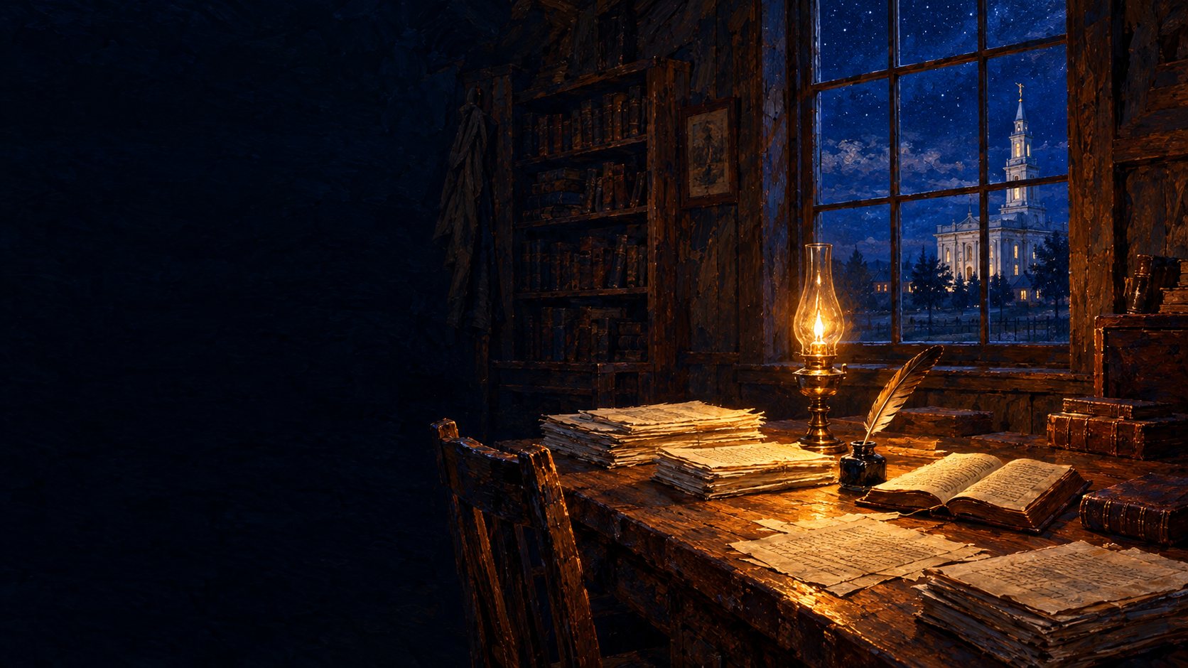 A small upstairs writing room in Kirtland, Ohio by lamplight: a quill, an inkwell and handwritten pages on a wooden desk, with the white Kirtland Temple visible through the window.