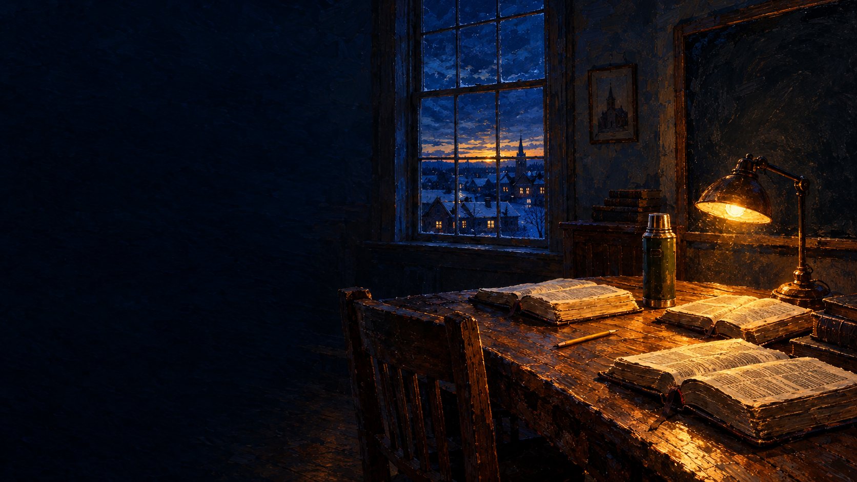 An early seminary classroom at dusk: open scriptures on a wooden desk under a green-shaded lamp, a chalkboard behind, and a snowy town with a lit steeple through the window.
