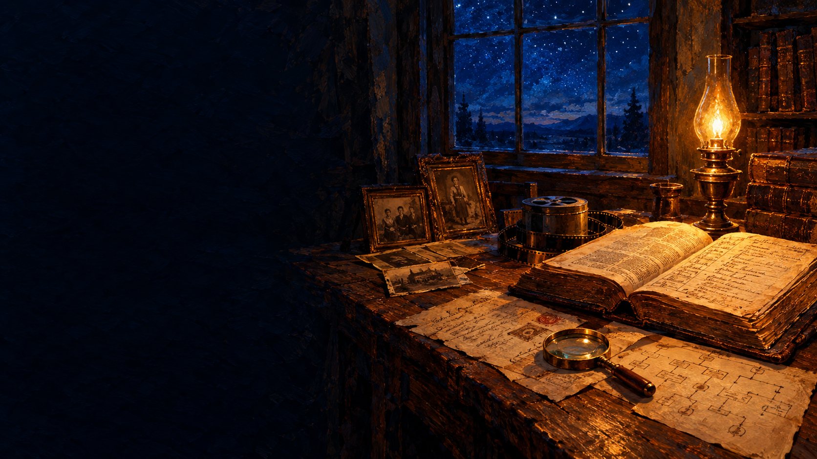 A desk by lamplight with a large open family record book, a magnifying glass, old framed portraits and handwritten pedigree pages, beneath a starry window.