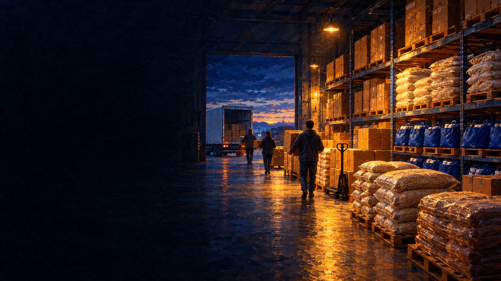 Inside a bishops’ storehouse at dusk: tall shelves of food, sacks of flour on pallets, and volunteers walking toward a truck at the open loading door.