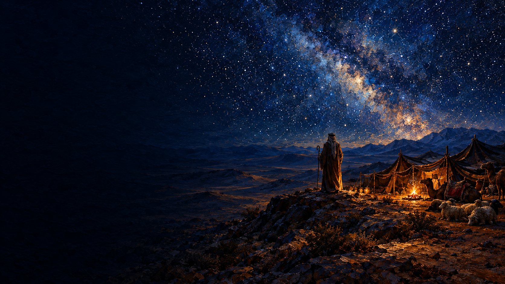 A traveler with a staff stands on a rocky rise beneath the Milky Way, above a camp of tents, sheep and a fire.
