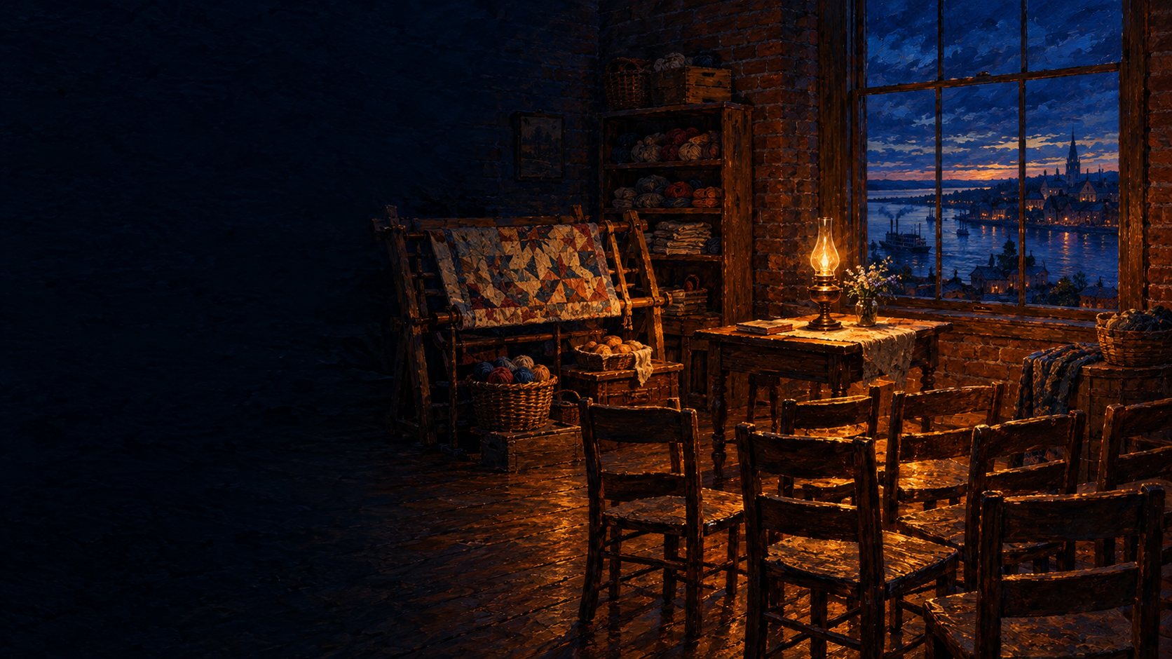 An upstairs room by lamplight, set with wooden chairs, a quilt on a frame and baskets of goods, with a river town visible through the window.
