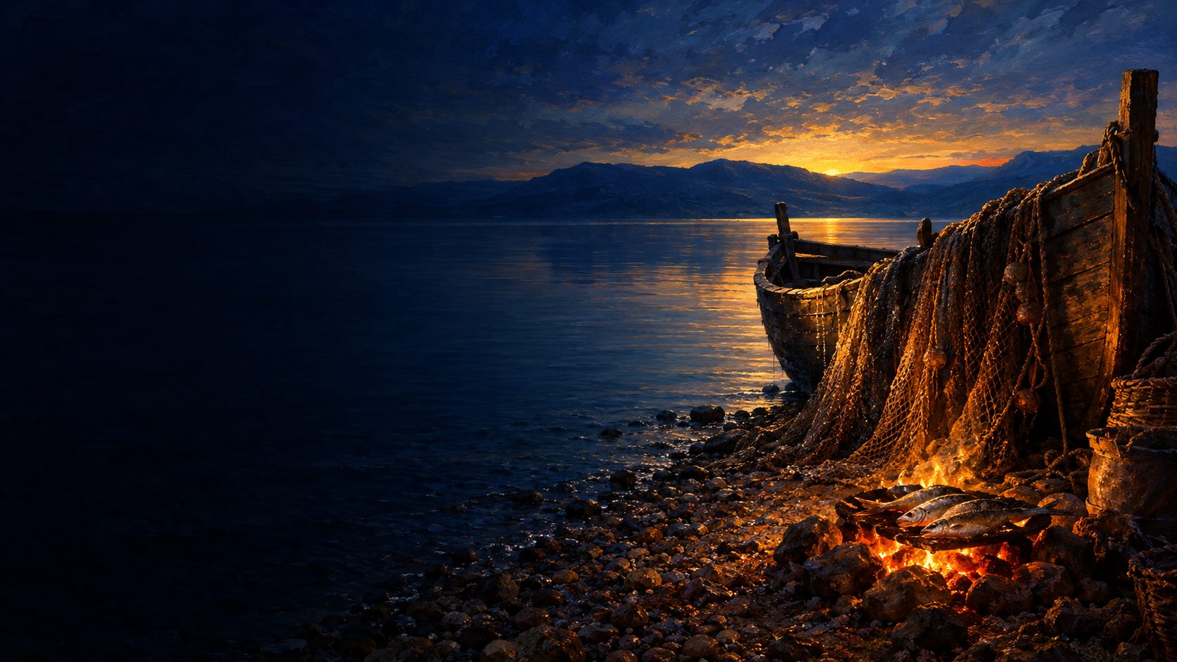 The shore of the Sea of Galilee before dawn: a wooden fishing boat with nets drawn up on the stones, and fish cooking over a small fire of coals.